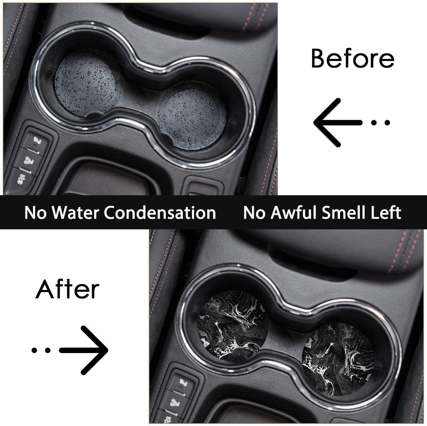 Britimes Absorbent Car Coasters 2 Pack For Cup Holders, 2.56'' Ceramic Stone & Non-Scratch Cork Base Drink Coasters Black Marble